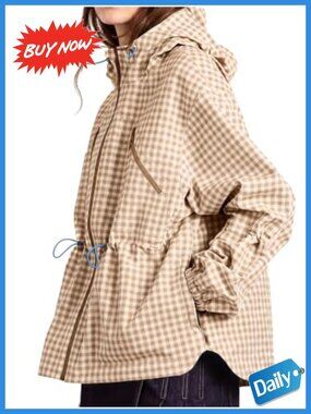 Waterproof Plaid Raincoat Hooded Windbreaker Anorak Jacket